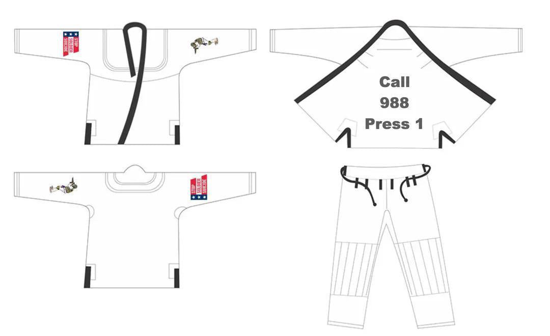 A set of illustrations depicting a white jiu jitsu gi with a graphic design, including a phone number and a logo.