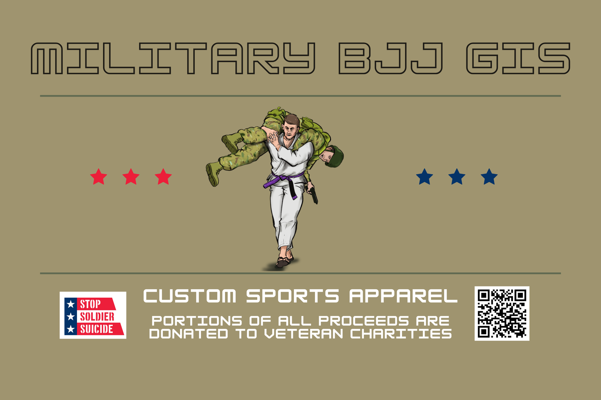 A gym banner featuring a cartoon illustration of a martial artist in a white gi, with text 'MILITARY BJJ GIS' and additional details.